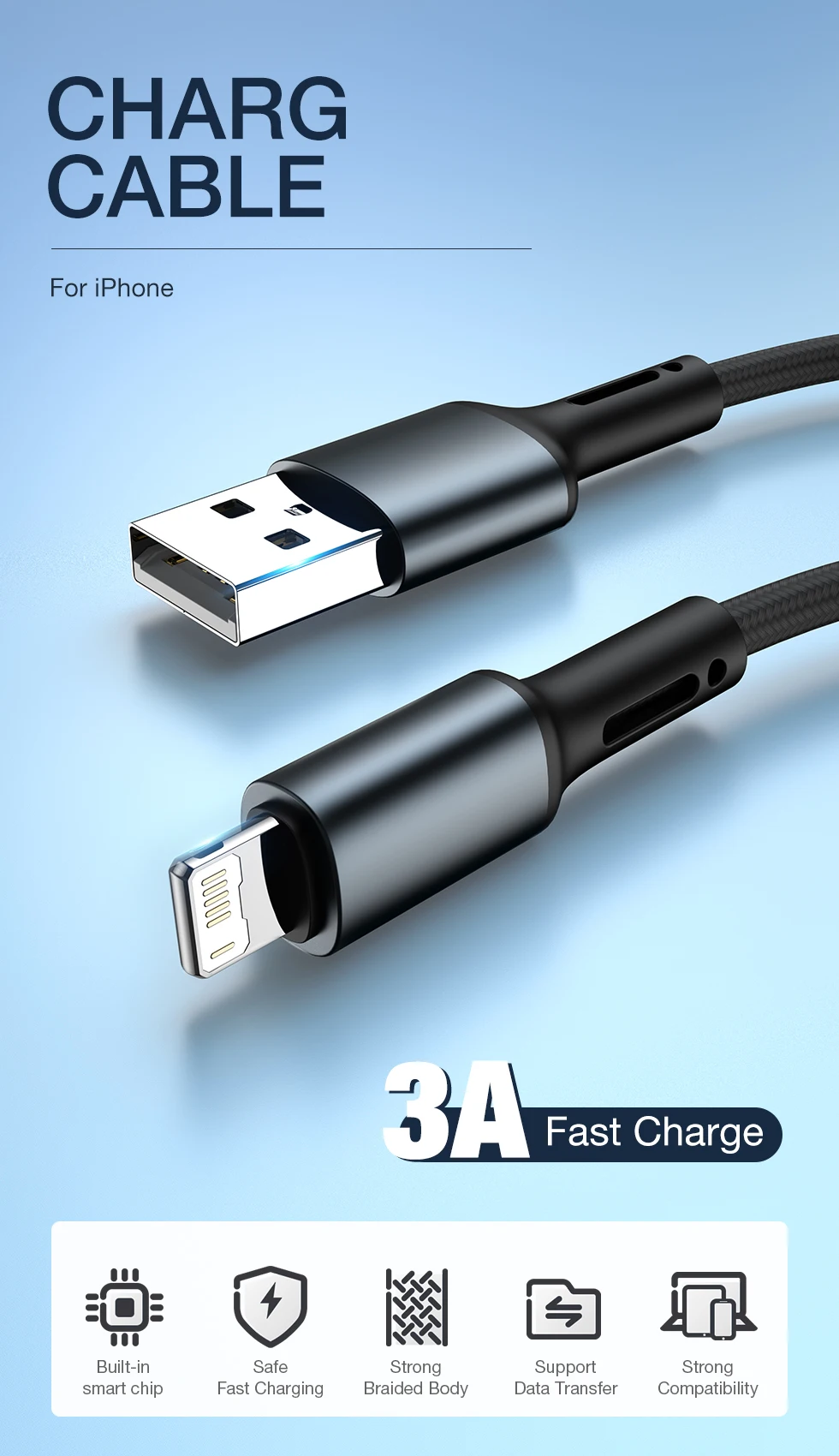 Quick Charge USB Cable For iPhone 13 12 11 Pro X Max 6 6s 7 8 Plus Apple iPad Origin Lead Mobile Phone Cord Data Charger Wire 3m