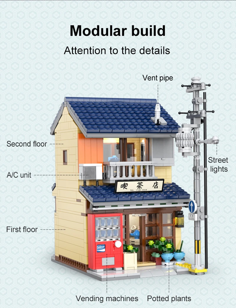 1200 Pcs Cada LED City Japanese Tea Shop House Architecture Building Blocks Friends Shop Figures Bricks Toys for Kid Gifts