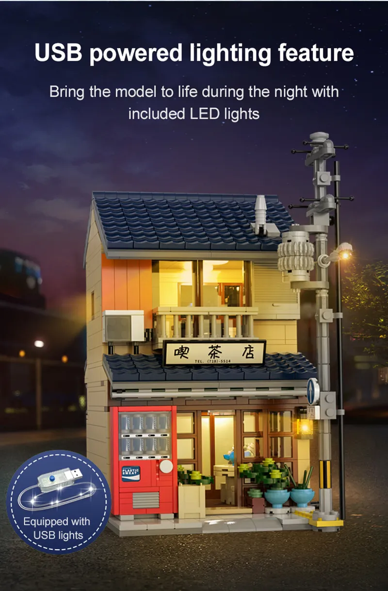 1200 Pcs Cada LED City Japanese Tea Shop House Architecture Building Blocks Friends Shop Figures Bricks Toys for Kid Gifts