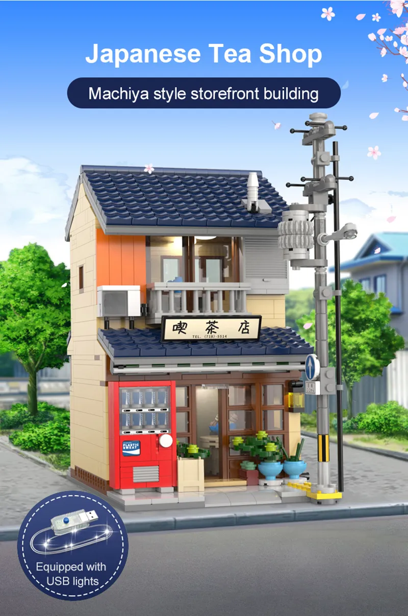 1200 Pcs Cada LED City Japanese Tea Shop House Architecture Building Blocks Friends Shop Figures Bricks Toys for Kid Gifts