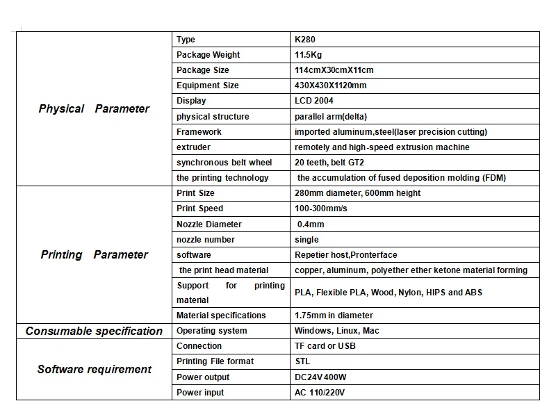 He3D large printing size reprap auto level K280 delta 3d printer kit single metal Extruder and heat bed support multi material