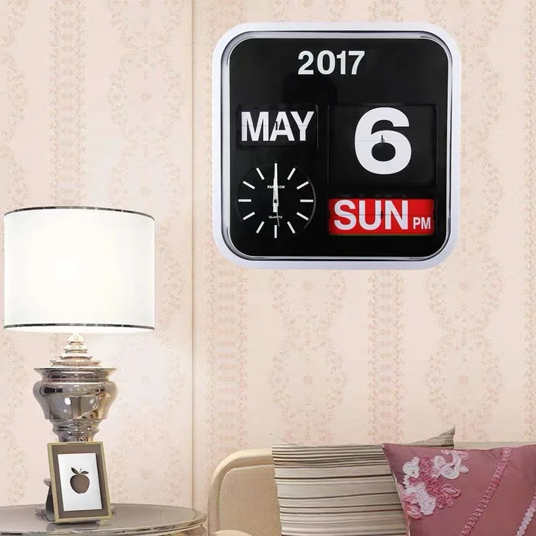 Fartech Large 43cm Page Turning Clock Automatic Mute Living Room Turning Clock Calendar Modern Fashion Home Creative Wall Clock