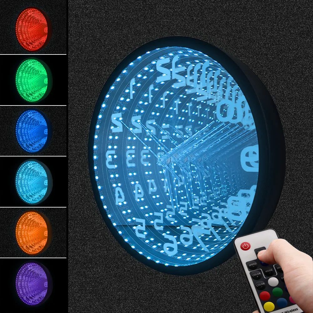 LED Infinity Mirror Backwards Wall Clock Runs Counterclockwise and Reverse Luminous Clock Vortex Tunnel Lamp Interstellar Mirror