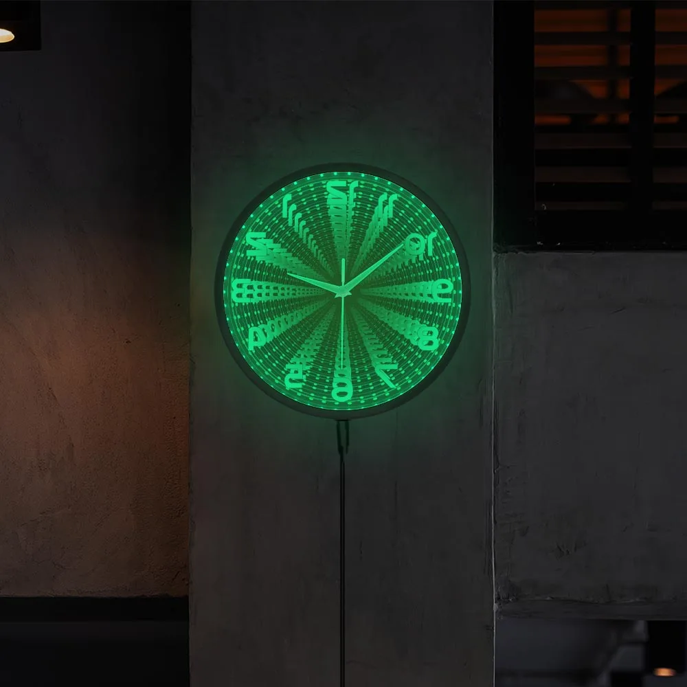 LED Infinity Mirror Backwards Wall Clock Runs Counterclockwise and Reverse Luminous Clock Vortex Tunnel Lamp Interstellar Mirror