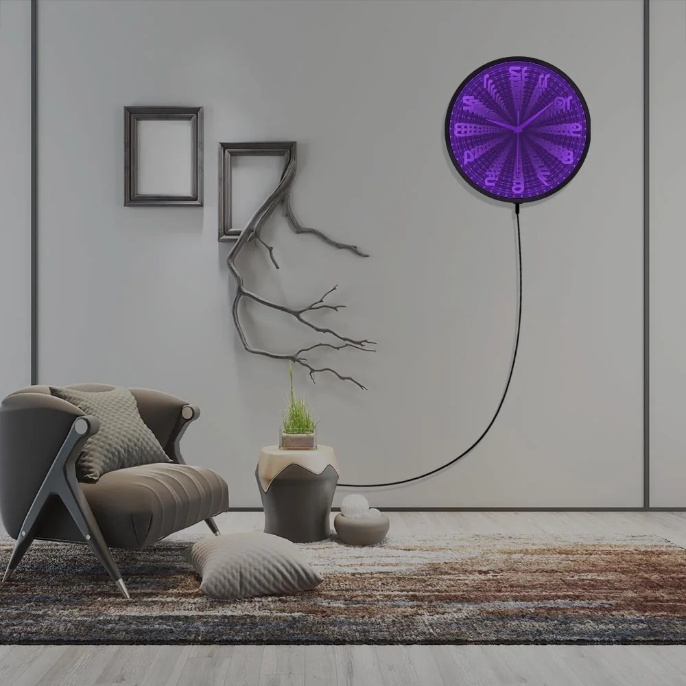 LED Infinity Mirror Backwards Wall Clock Runs Counterclockwise and Reverse Luminous Clock Vortex Tunnel Lamp Interstellar Mirror